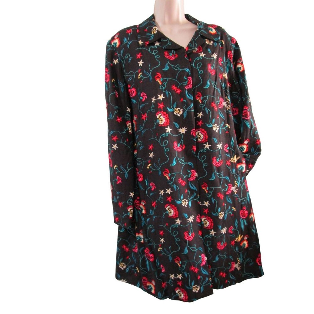 David Brook Floral Embroidered Black Shantung Silk Duster Coat Ladies XL EUC - Picture 12 of 16